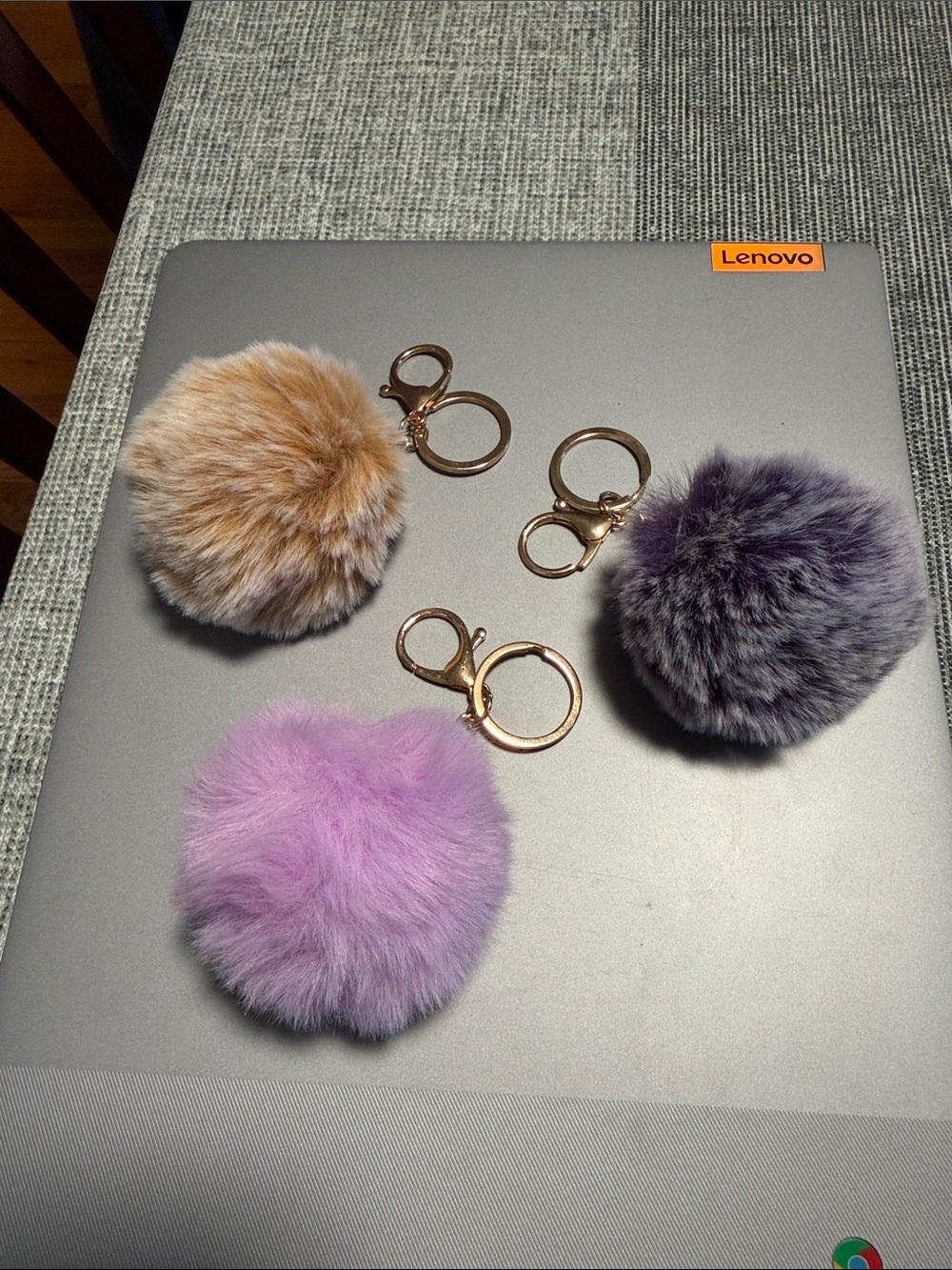 Faux Fur Pom Pom Keychains - Lavender, Gray, Camel with Gold Hardware - Picture 3 of 6